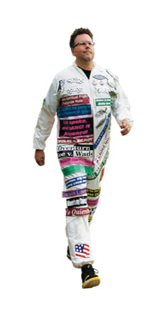 Dan Merchant in his Bumper Sticker Jump Suit